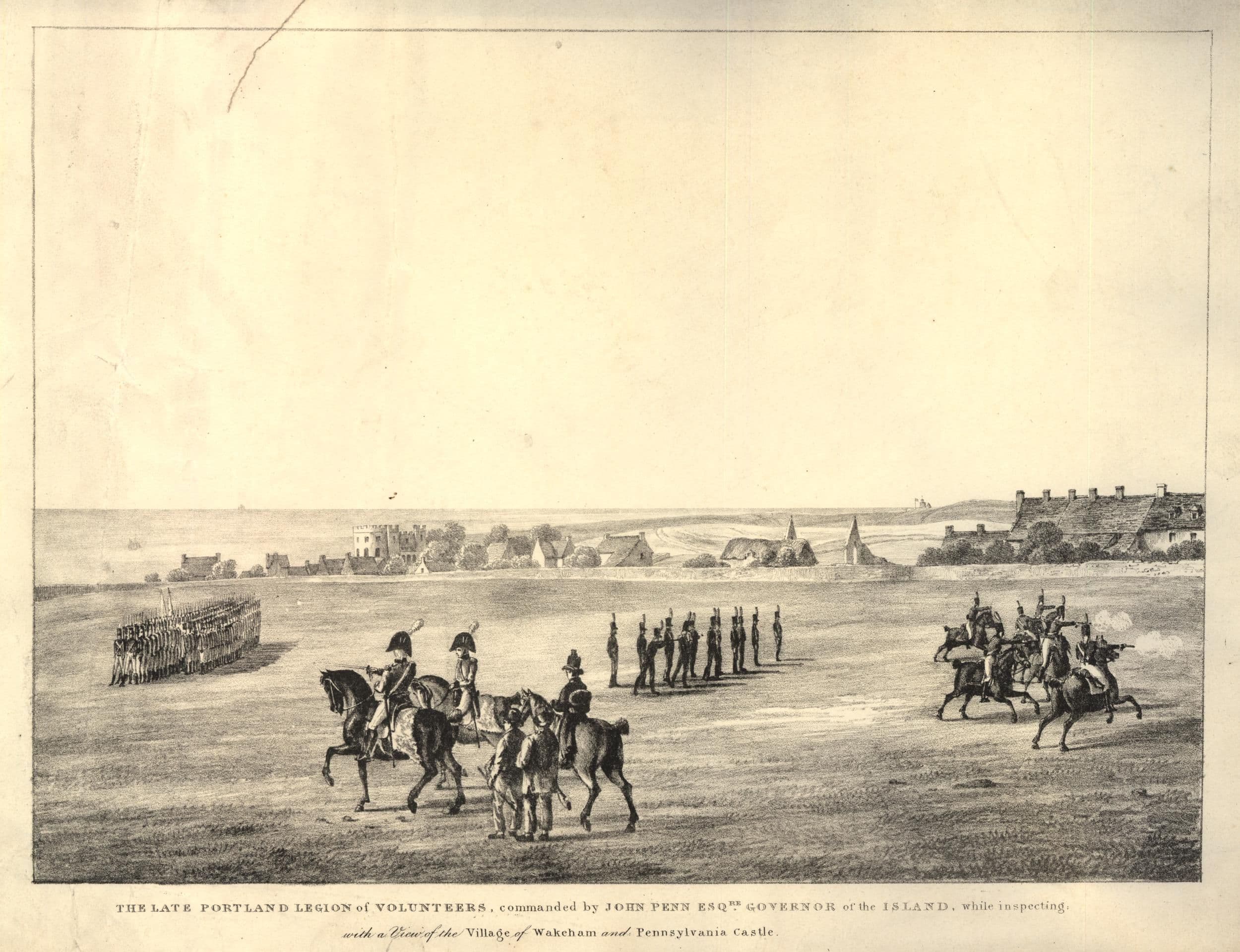 Pennsylvania Castle, Dorset — John Penn on horseback to left, accompanied by two other officers and two men on foot, inspecting volunteers, who are drawn up behind, the i