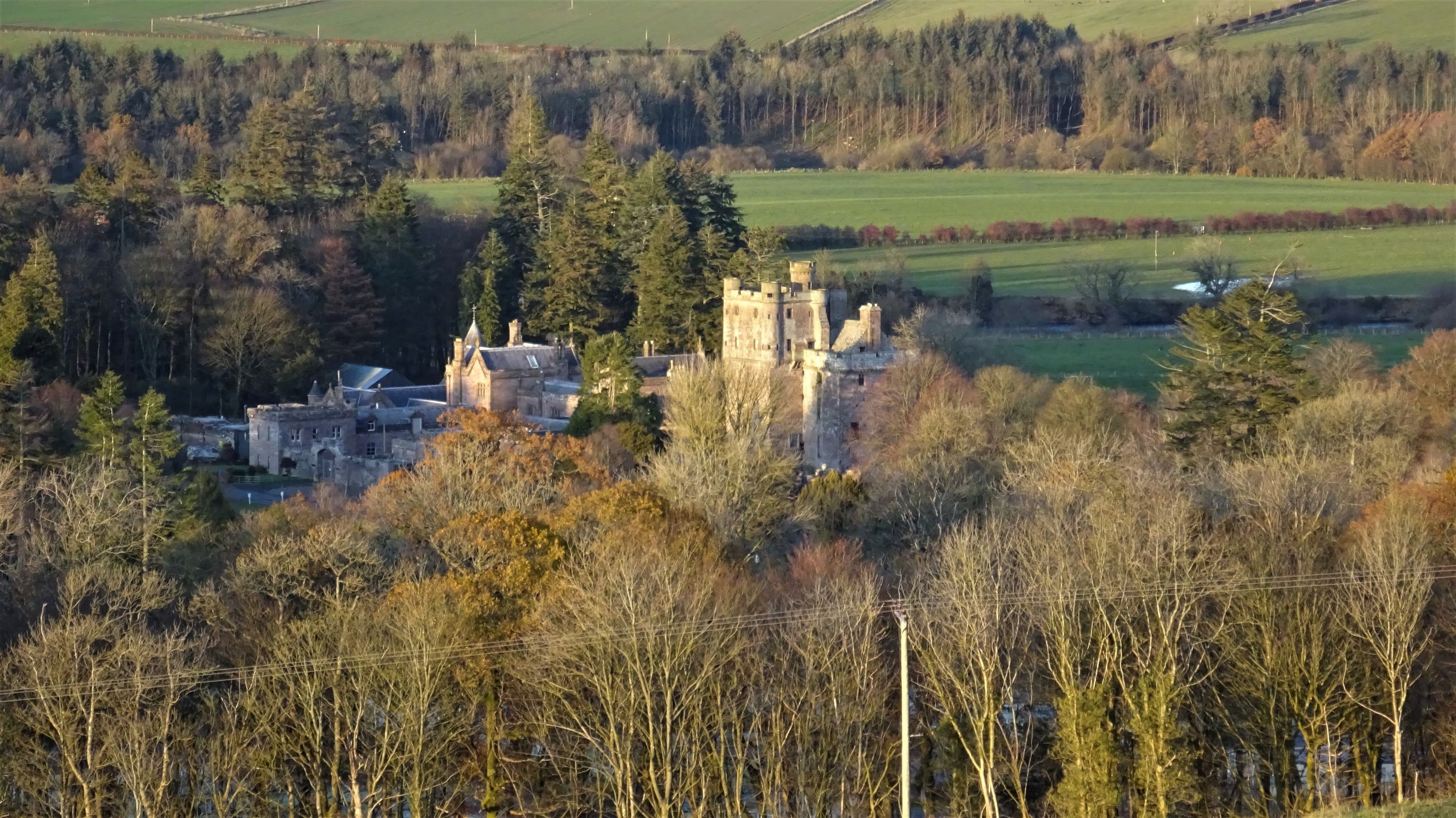 Hoddom Castle ruins from Trailtrow Hill, Hoddom, Annan, Dunfries and Galloway.