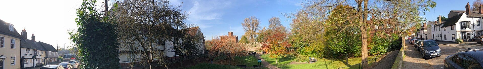 Hertford Castle, Hertfordshire — Hertford banner taken from Castle Street showing White Horse and Castle Moat Garden