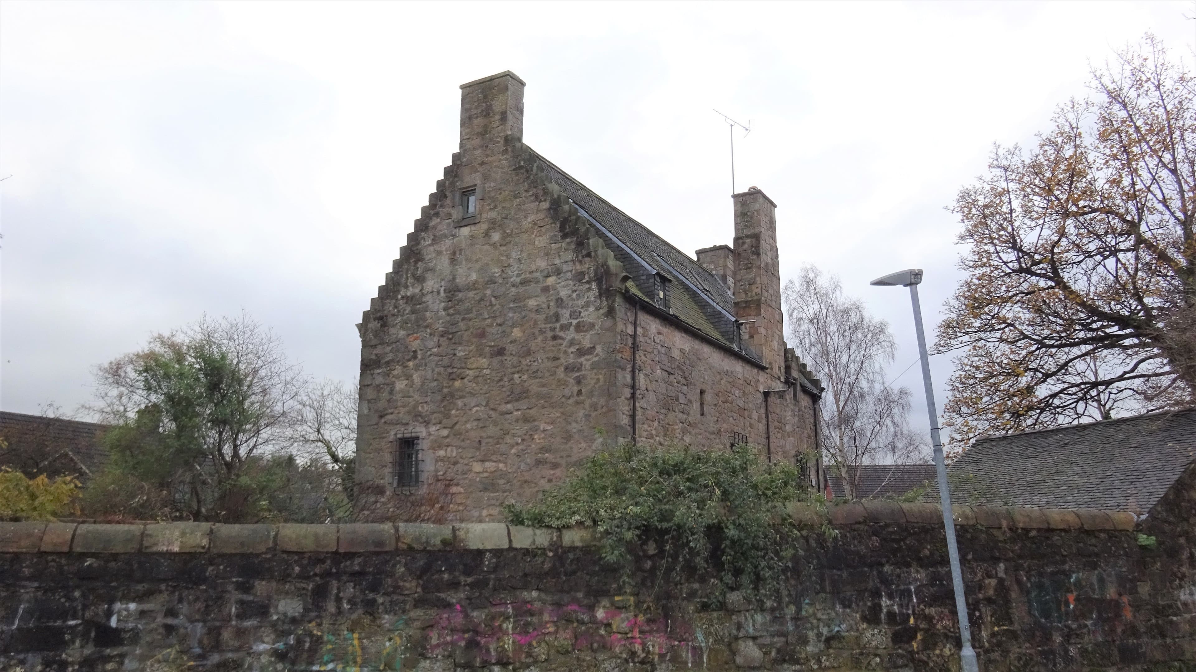 16th century Blackhall Manor, view of the rear and gable end. Paisley, Renfrewshire. Restored 1982-1983.