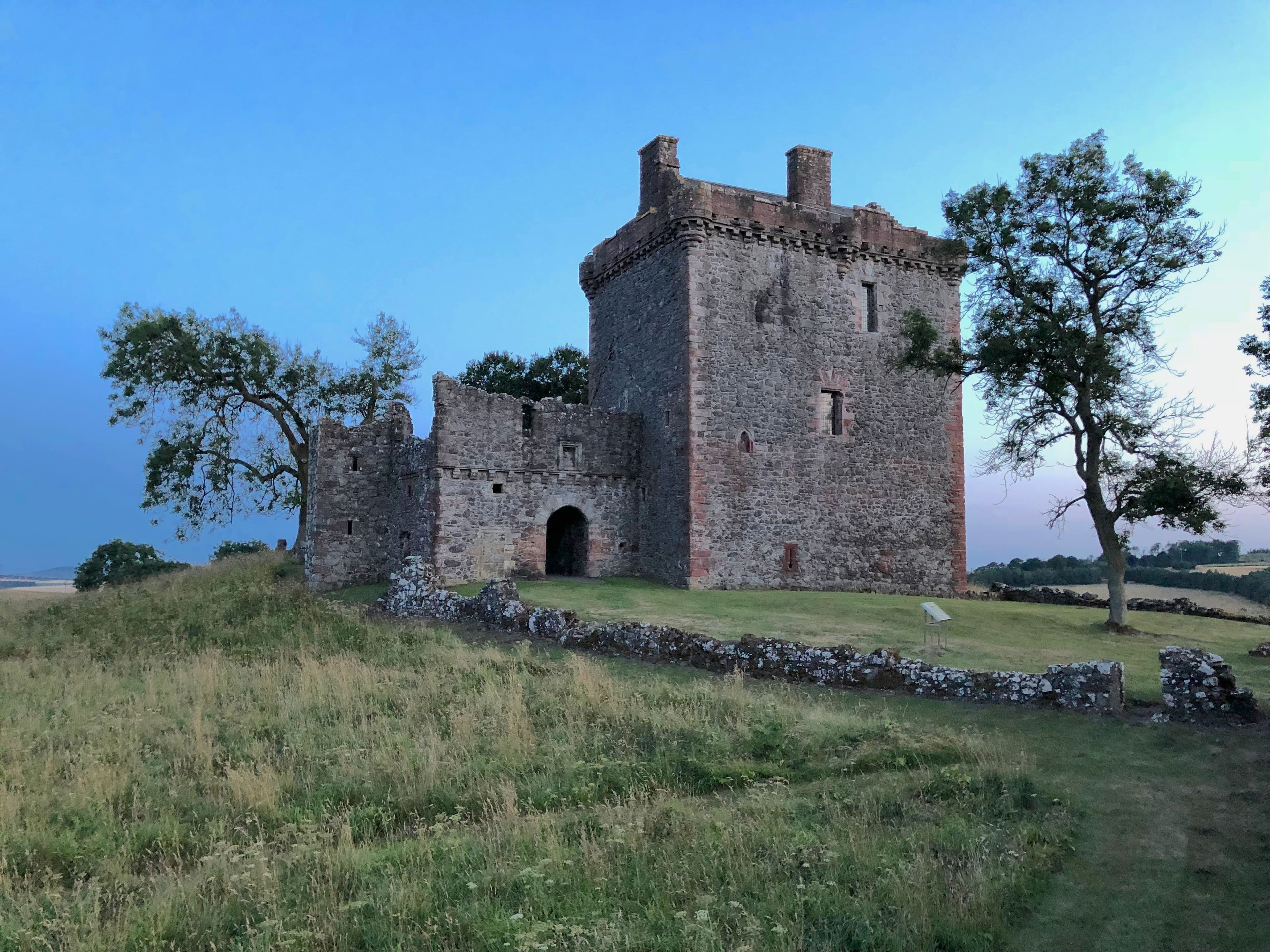 Balvaird Castle in Perth & Kinross at sunset, from the pleasance.