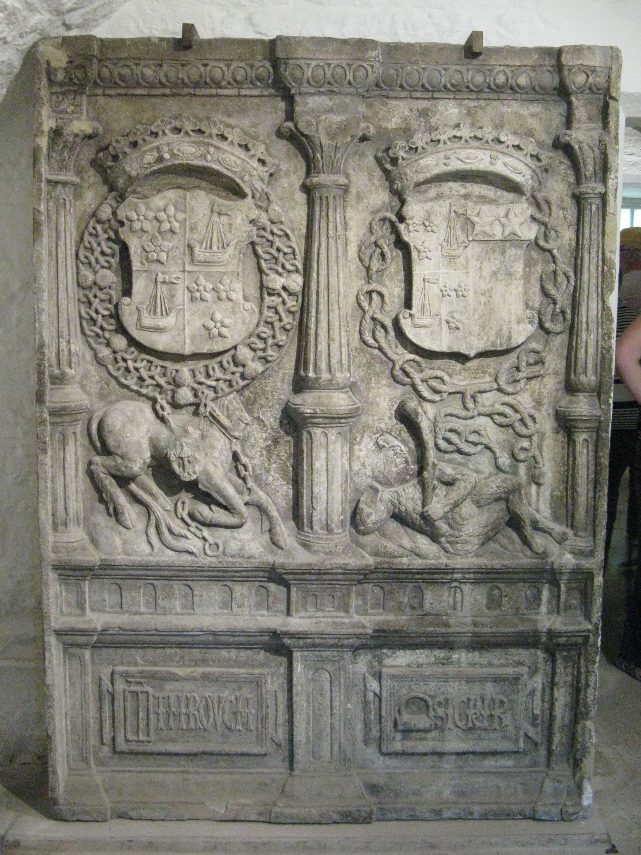 Kinneil House, Falkirk (council area) — Armorial Stone at Kinneil House, Scotland. Dexter: Arms of James Hamilton, 2nd Earl of Arran, Duke of Châtellerault (c. 1519 – 1575), Regent