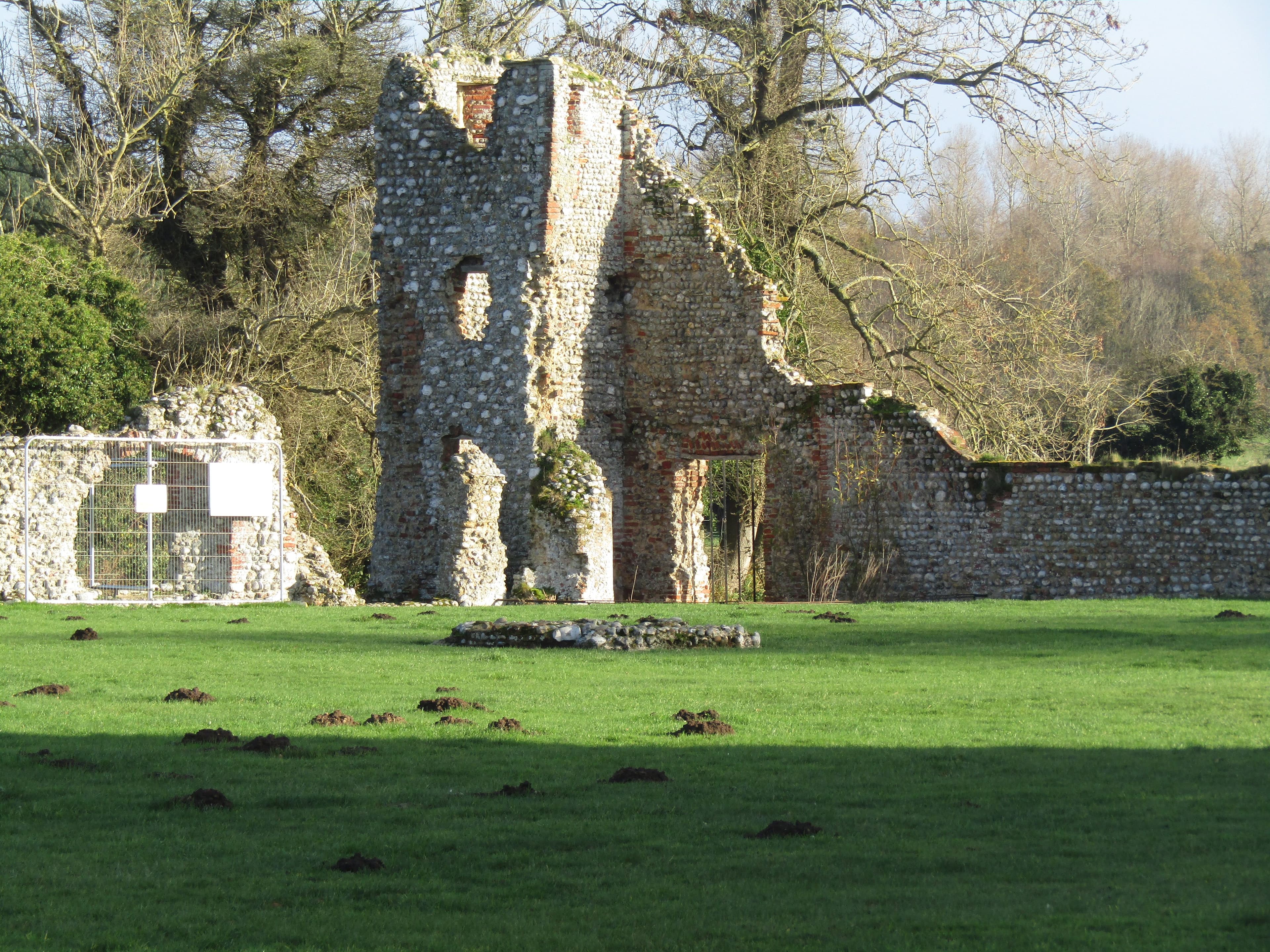 Looking across the inner court towards the north east tower of Baconsthorpe Castle which is located in the village of Baconsthorpe, Norfolk, England. The castle ruins have been designated by English Heritage as a Grade I listed building, and is a Scheduled Ancient Monument.