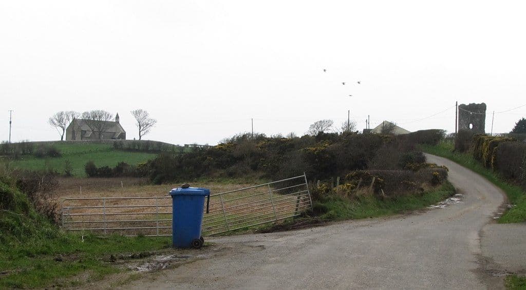 Bright Castle, Newry, Mourne and Down — Parish church, old school building, a ruined castle and a blue bin at Bright