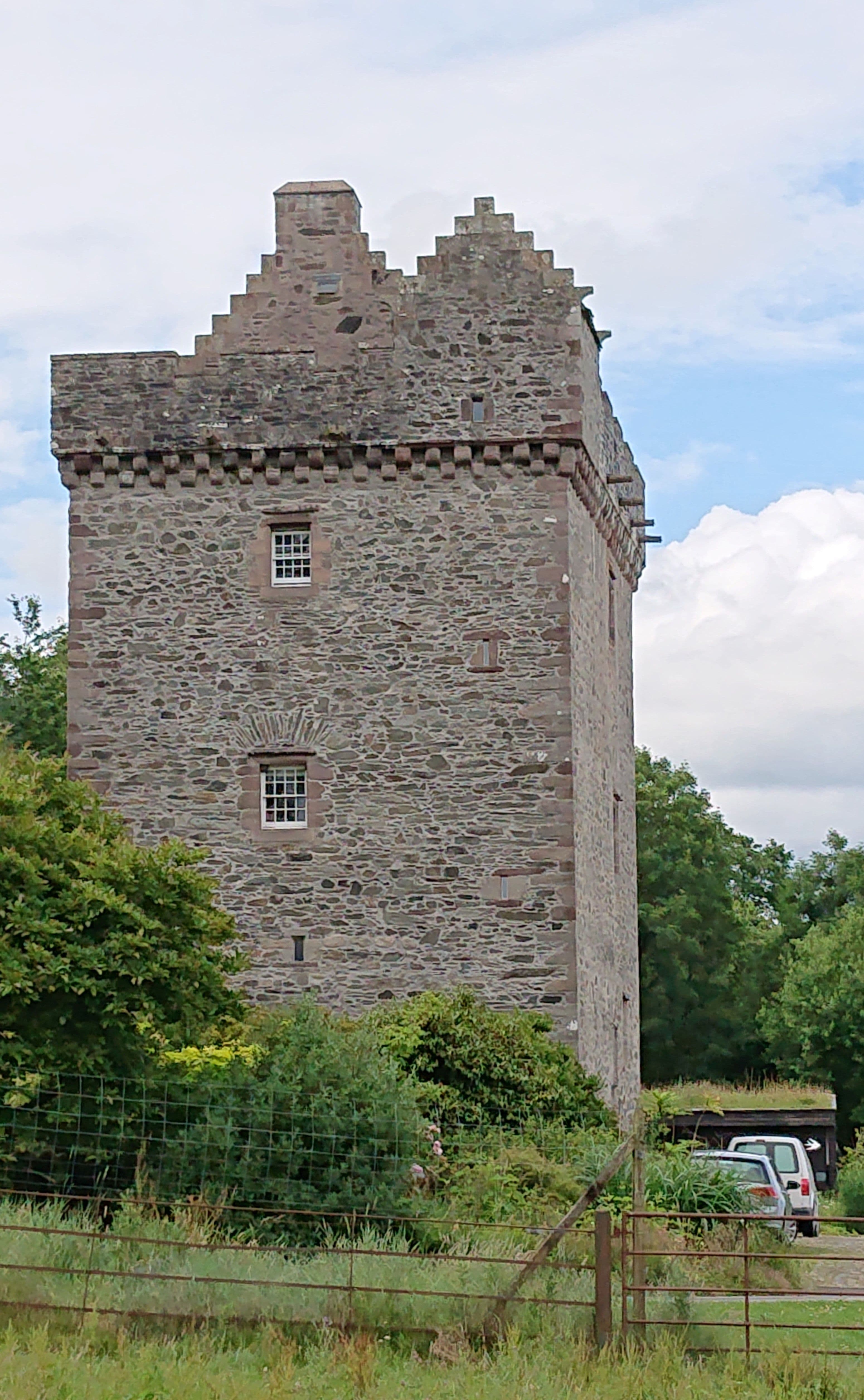 A view of the south elevation of Rusco Tower near Gatehouse of Fleet in Dumfries and Galloway, Scotland.