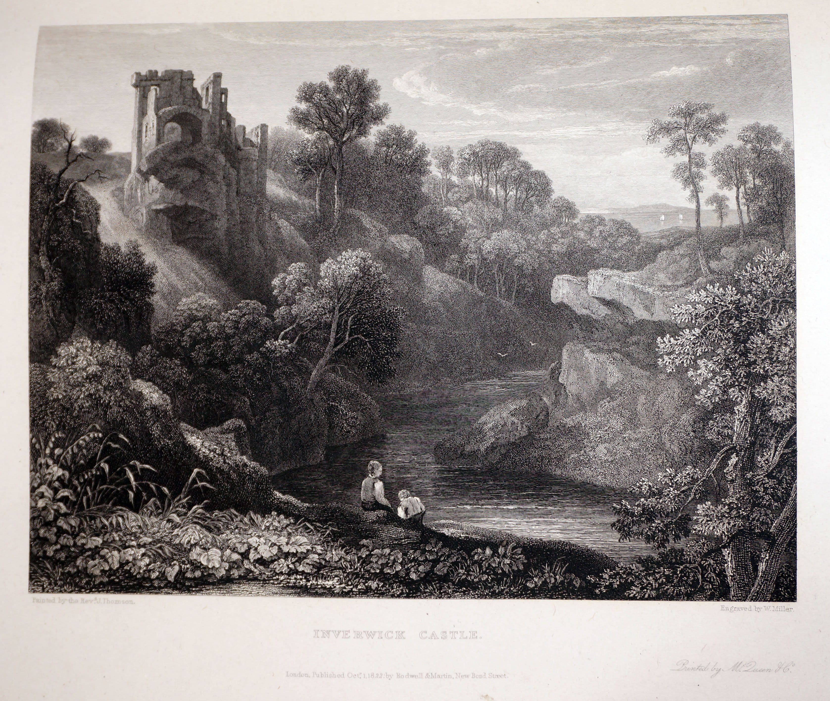 Innerwick Castle, East Lothian — Inverwick Castle engraving on india paper by William Miller after Rev J Thomson, First Pub. State