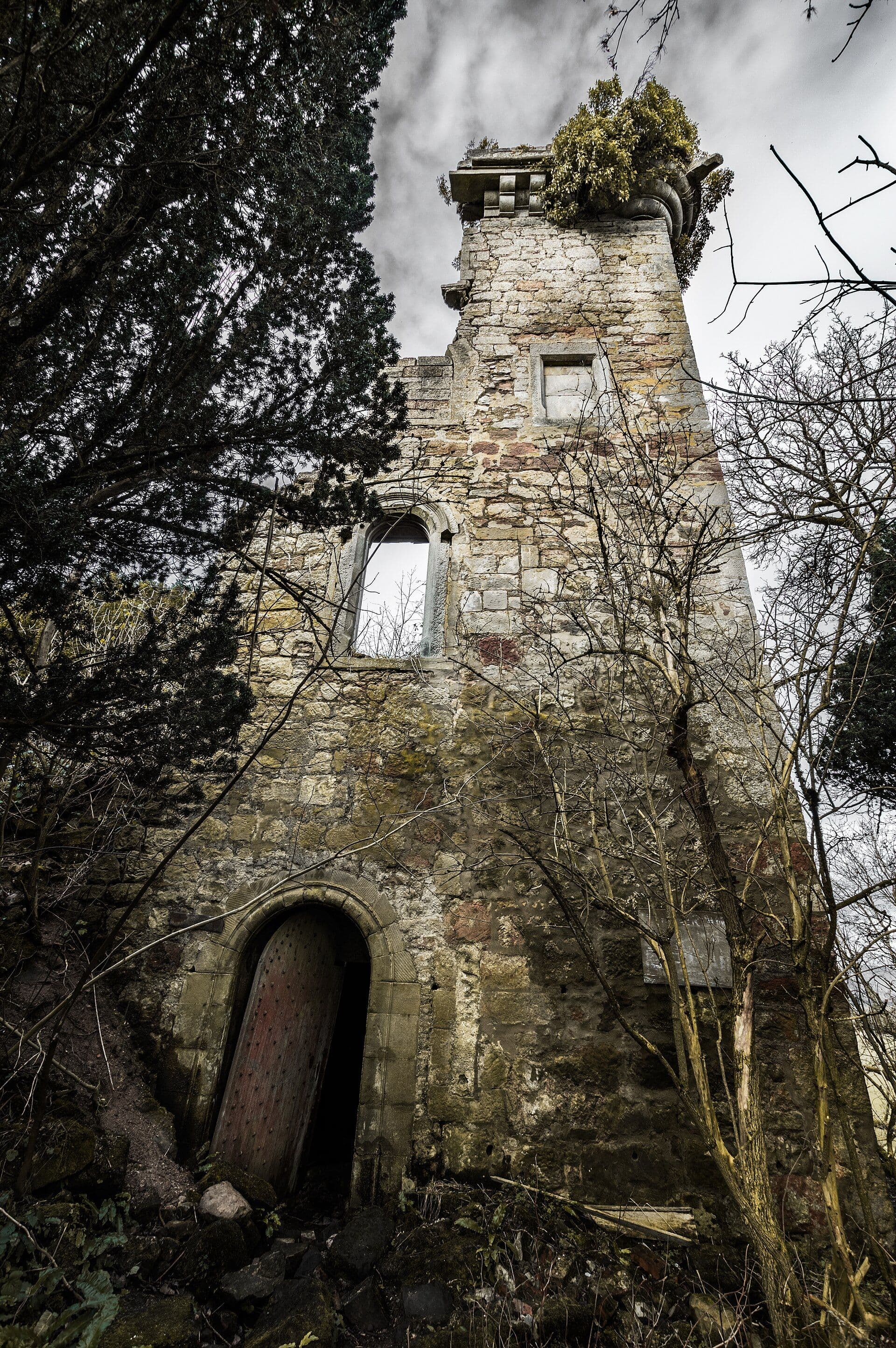 Elphinstone Tower, Falkirk (council area) — The crumbling remains of Elphinstone Tower tucked away in the woods of Dunmore Estate. The tower was last used as a burial vault and when yo