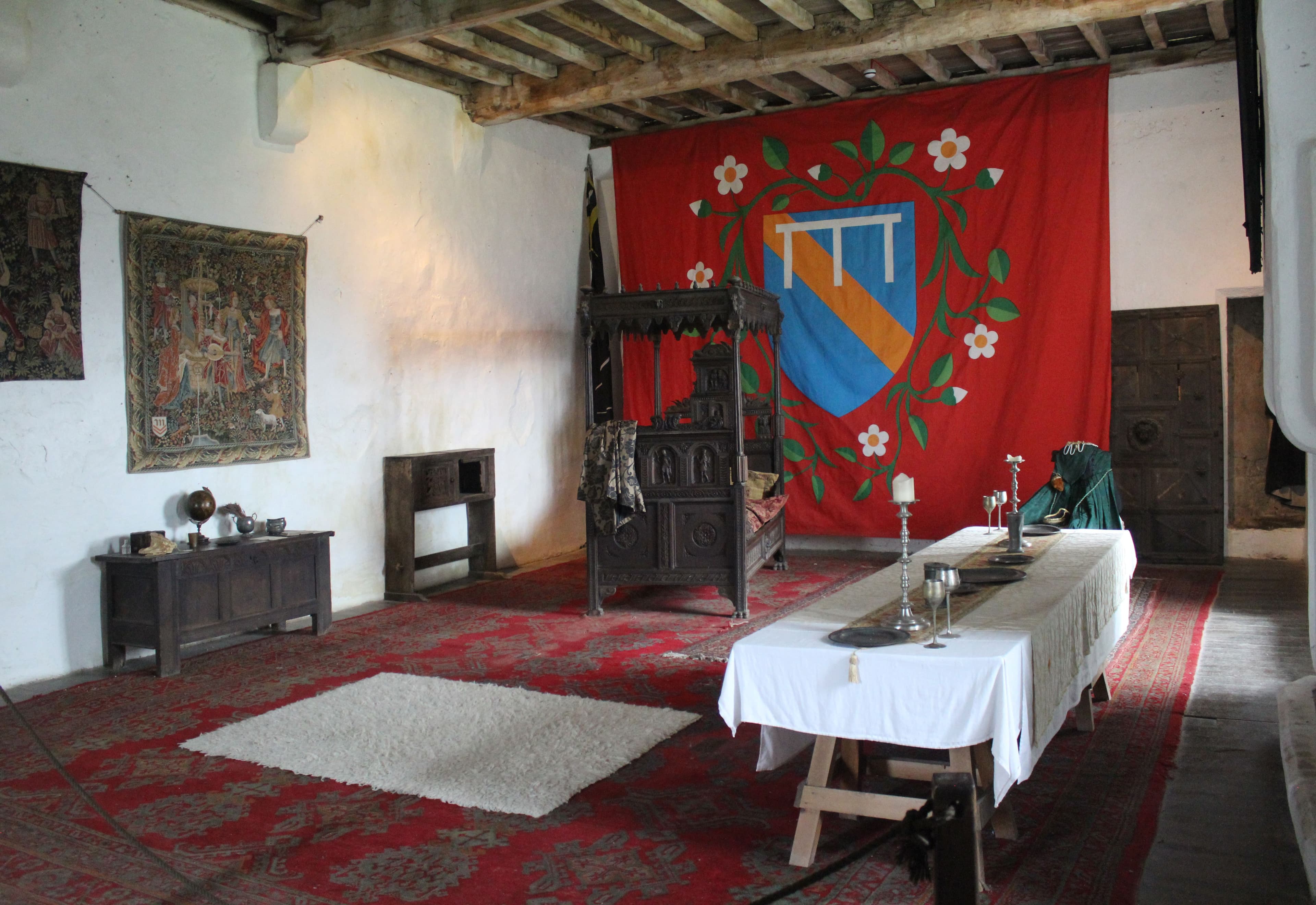 Reconstruction of the bedchamber of Mary, Queen of Scots at Bolton Castle. The room is the original room but the furnishings are typical of those that would have been found there. She was held at the castle from July 1568 until January 1569 and occupied the rooms usually used by Lord Scrope the castle's owner. She was allowed her own domestic staff.